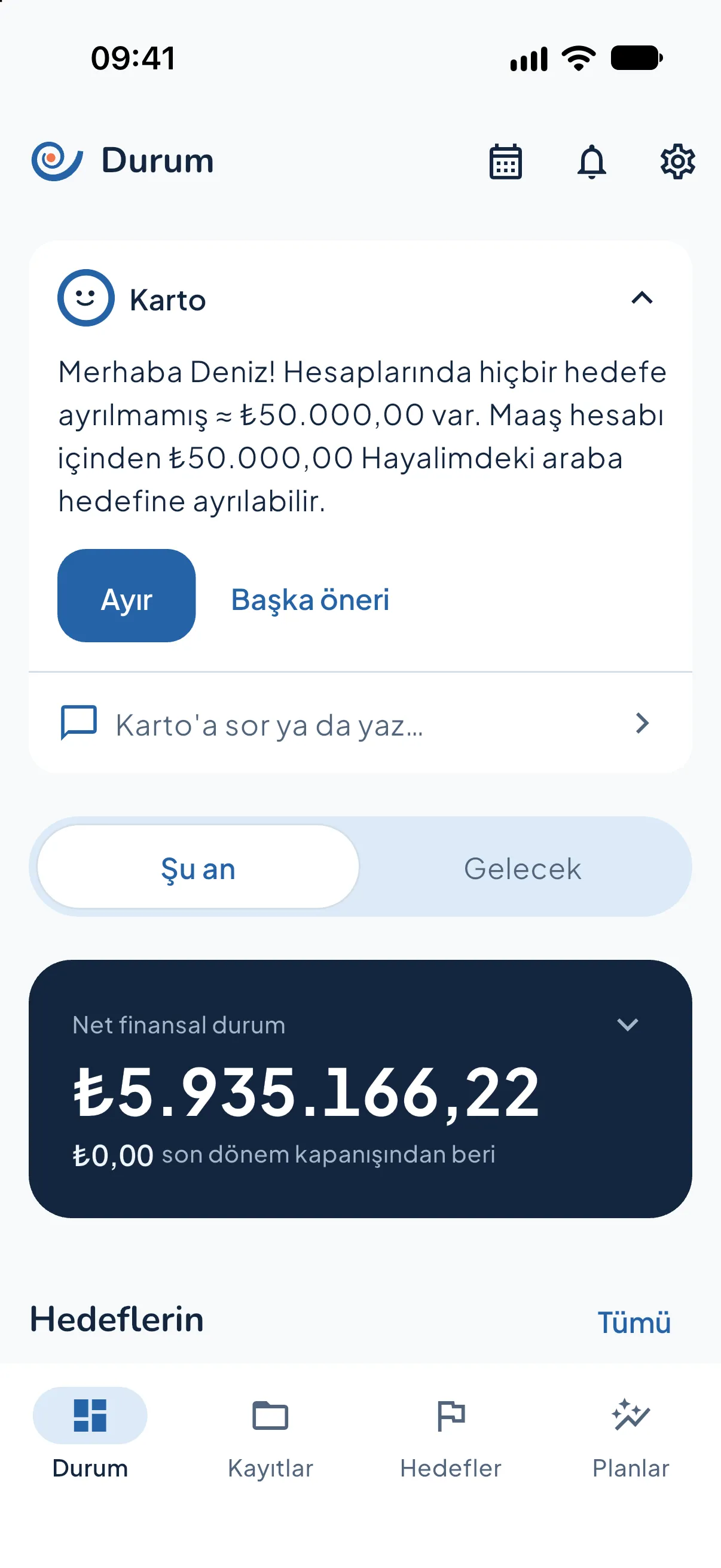 Kartopu uygulamasının Durum ekranı: net finansal durum ve Karto'nun önerisi